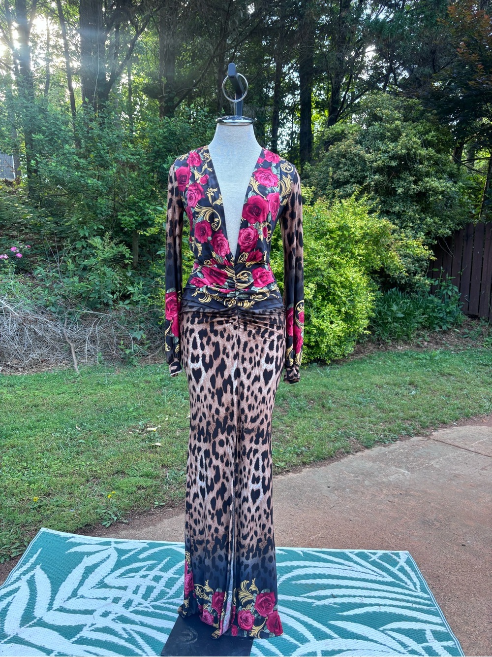 Floral & Leopard Print Maxi Dress with Deep V
